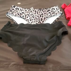 Leopard Print and Black Scalloped Bikini Bottoms, 2 Bottoms Match Red Top.